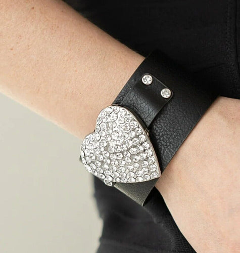 Flauntable Flirt - Black Rhinestone Heart Leather Wrap