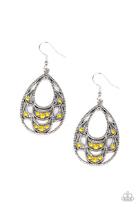 Malibu Macrame - Yellow Rhinestone Teardrop Earrings - Paparazzi Accessories