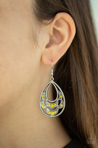 Malibu Macrame - Yellow Rhinestone Teardrop Earrings - Paparazzi Accessories