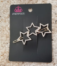 Load image into Gallery viewer, Thank My Lucky Stars - Gold with White Rhinestone Tri-Star Hair Clip - Paparazzi Accessories - All That Sparkles Xoxo 