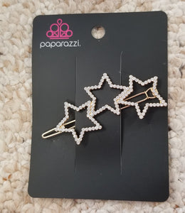 Thank My Lucky Stars - Gold with White Rhinestone Tri-Star Hair Clip - Paparazzi Accessories - All That Sparkles Xoxo 