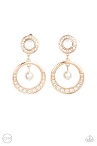 Regal Revel - Gold Clip-On Earrings with White Rhinestones and Pearls - Paparazzi Accessories