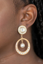 Load image into Gallery viewer, Regal Revel - Gold Clip-On Earrings with White Rhinestones and Pearls - Paparazzi Accessories
