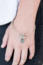 Load image into Gallery viewer, Treasure Charms - White Rhinestone and Charm Bangle Bracelet - Paparazzi Accessories