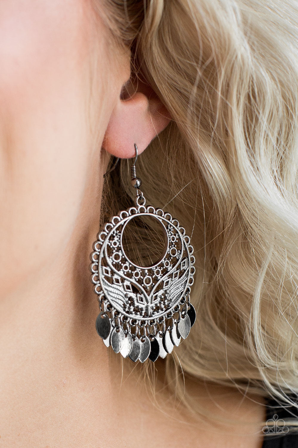Far Off Horizons - Black Filigree Circle Earrings with Metal Fringe - Paparazzi Accessories - All That Sparkles XOXO