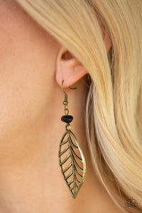 BOUGH Out - Brass Leaf and Black Stone Earrings - Paparazzi Accessories