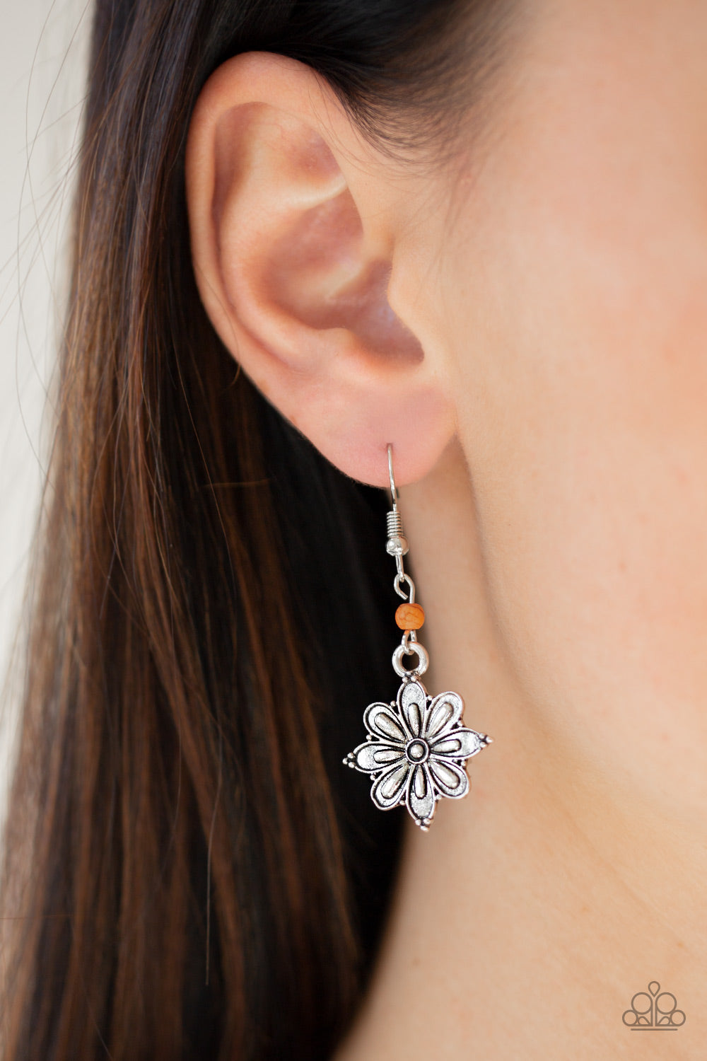 Cactus Blossom - Orange Stone and Silver Flower Earrings - Paparazzi Accessories - All That Sparkles Xoxo 