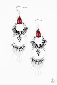 Progressively Pioneer - Red Teardrop Bead and Tribal Pattern Earrings - Paparazzi Accessories
