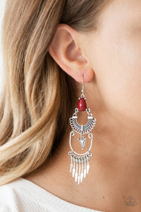 Progressively Pioneer - Red Teardrop Bead and Tribal Pattern Earrings - Paparazzi Accessories