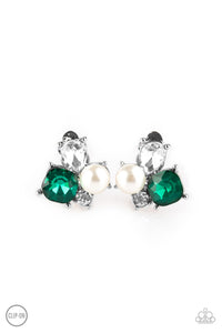Highly High-Class - Green and White Rhinestone, Pearl Clip-On Earrings - Paparazzi Accessories