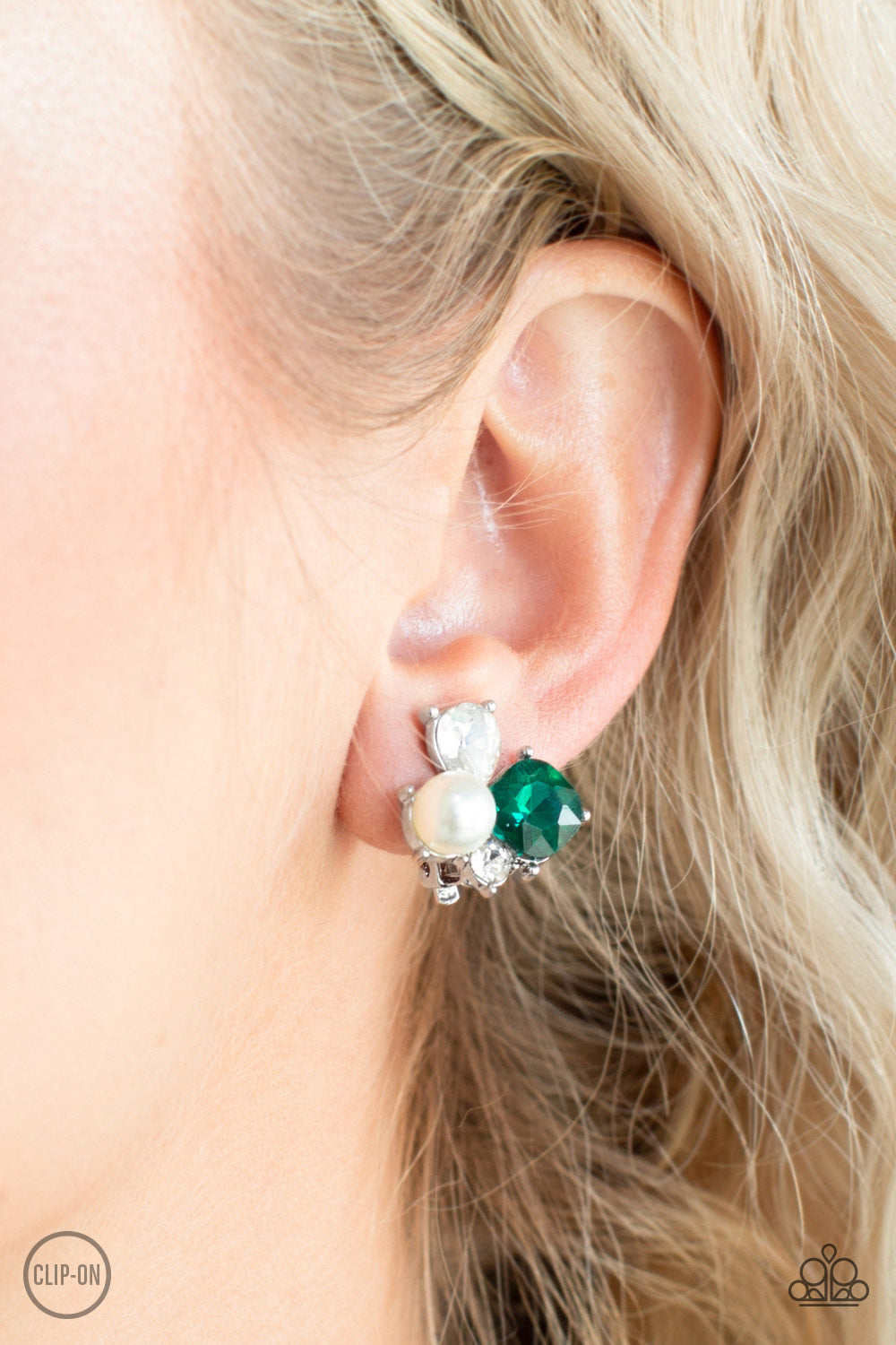 Highly High-Class - Green and White Rhinestone, Pearl Clip-On Earrings - Paparazzi Accessories