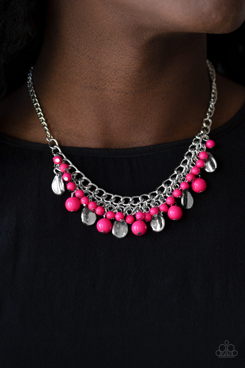 Summer Showdown - Pink Bead and Silver Teardrop Necklace - Paparazzi Accessories