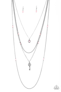 Key Keynote - Pink Bead and Key Tiered Necklace - Paparazzi Accessories
