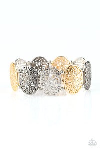 Everyday Elegance - Multi (Gold, Silver, and Gunmetal) Filigree Stretchy Bracelet - Paparazzi Accessories - All That Sparkles XOXO