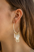 Load image into Gallery viewer, Bring The Noise - Gold Hoop Earrings with Dangling Gold Bars - Paparazzi Accessories - All That Sparkles Xoxo 