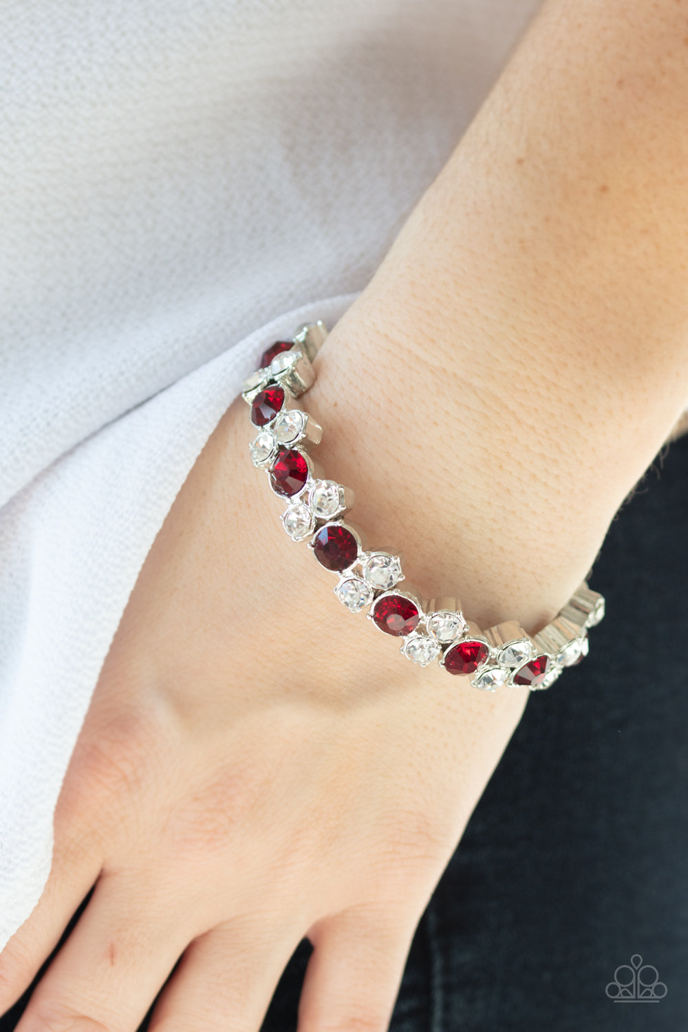 Here Comes The BRIBE - Red and White Rhinestone Stretchy Bracelet - Paparazzi Accessories