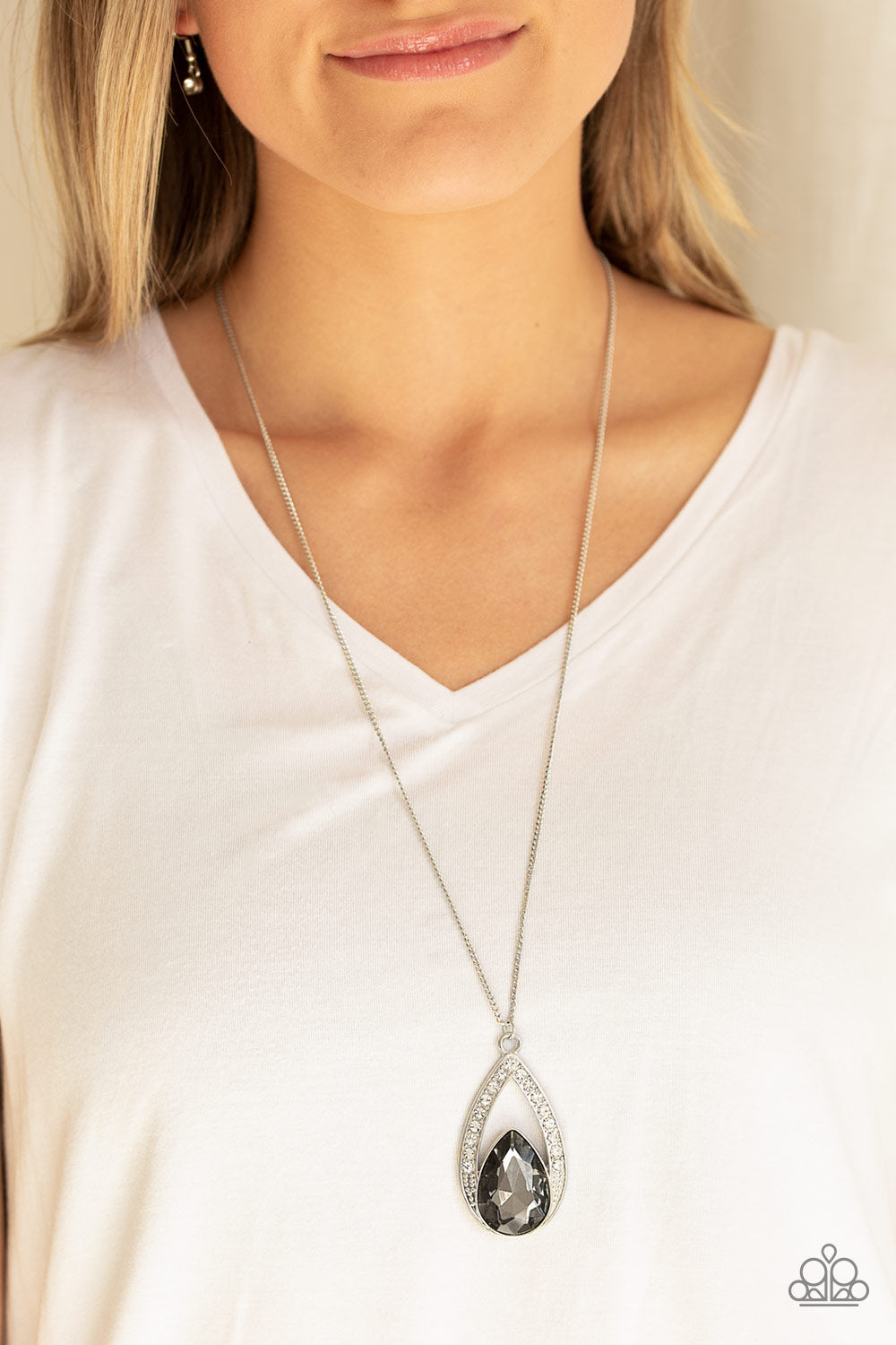 Notorious Noble - Silver Rhinestone Teardrop Necklace - Paparazzi Accessories
