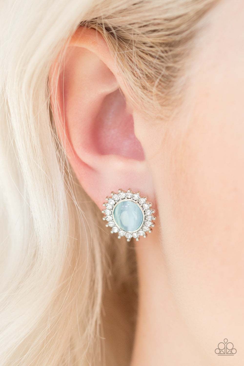Hey There, Gorgeous - Blue Moonstone and White Rhinestone Stud Earrings - Paparazzi Accessories - All That Sparkles XOXO