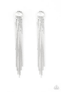 Level Up - White Rhinestone and Chain Earrings - Paparazzi Accessories