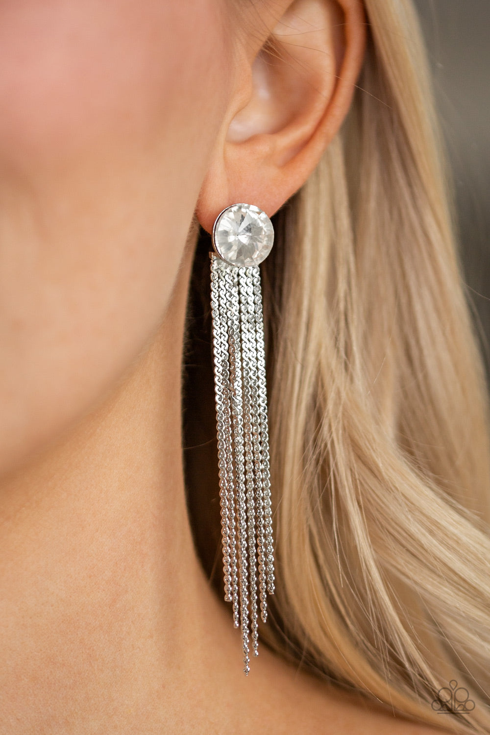 Level Up - White Rhinestone and Chain Earrings - Paparazzi Accessories