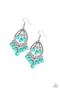 Gorgeously Genie - Blue Bead and White Rhinestone Teardrop Earrings - Paparazzi Accessories - All That Sparkles XOXO