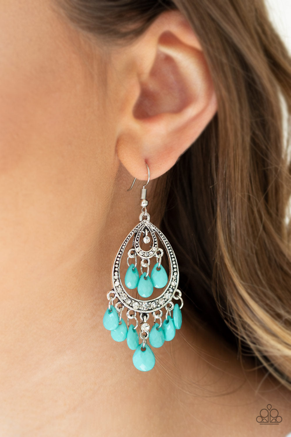 Gorgeously Genie - Blue Bead and White Rhinestone Teardrop Earrings - Paparazzi Accessories - All That Sparkles XOXO