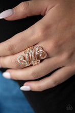 Load image into Gallery viewer, Waltzing Wonders - Gold Filigree and Rhinestone Ring - Paparazzi Accessories - All That Sparkles XOXO