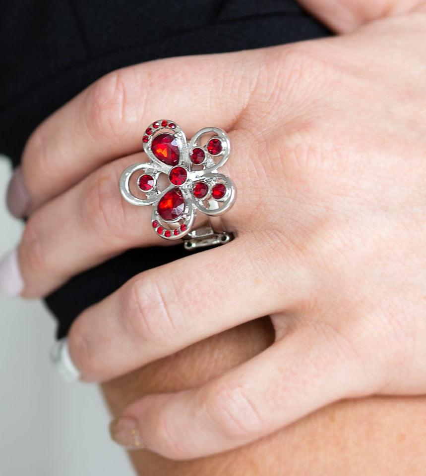 Gardens Of Grandeur - Red Rhinestone Flower Ring - Paparazzi Accessories - All That Sparkles XOXO