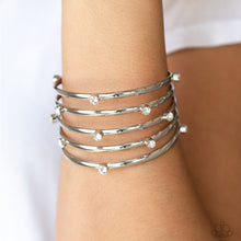 Load image into Gallery viewer, Sugarlicious Sparkle - White Rhinestone and Silver Cuff Bracelet - Paparazzi Accessories