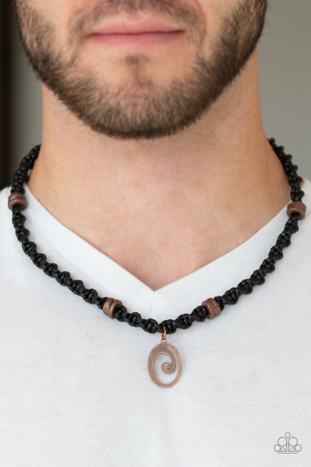 Surfer Spiral - Copper Beads and Spiral Pendant Black Braided Cord Urban Necklace - Paparazzi Accessories - All That Sparkles Xoxo 