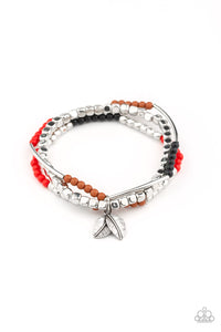 Desert Wanderer - Multi Color (Red, Silver, Brown, and Black) Bead and Leaf Charm Stretchy Bracelet - Paparazzi Accessories - All That Sparkles Xoxo 