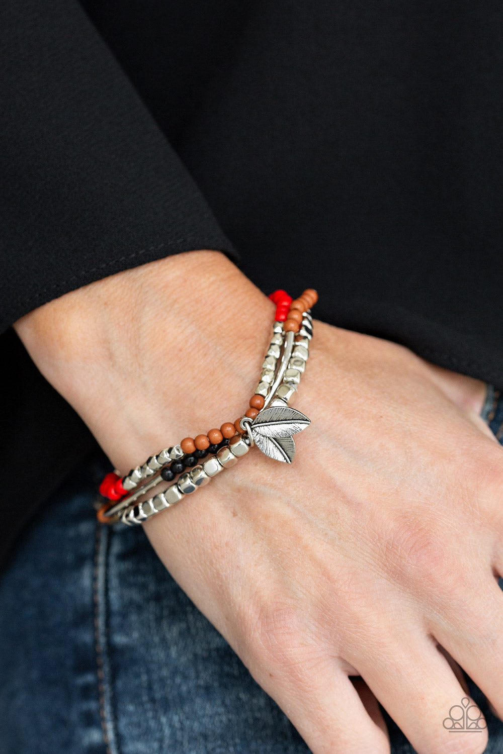 Desert Wanderer - Multi Color (Red, Silver, Brown, and Black) Bead and Leaf Charm Stretchy Bracelet - Paparazzi Accessories - All That Sparkles Xoxo 