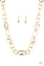 Load image into Gallery viewer, Urban District - Gold and White Rhinestone Necklace - Paparazzi Accessories - All That Sparkles XOXO