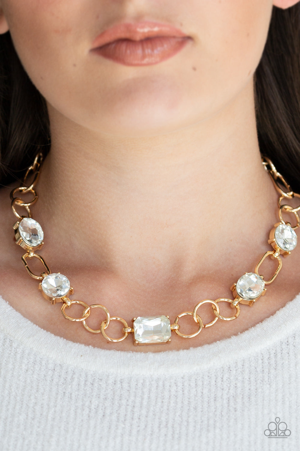 Urban District - Gold and White Rhinestone Necklace - Paparazzi Accessories - All That Sparkles XOXO