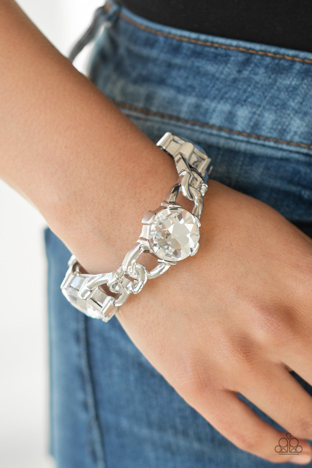 Light Up The Room - White Gem and Silver Bracelet - Paparazzi Accessories - All That Sparkles XOXO