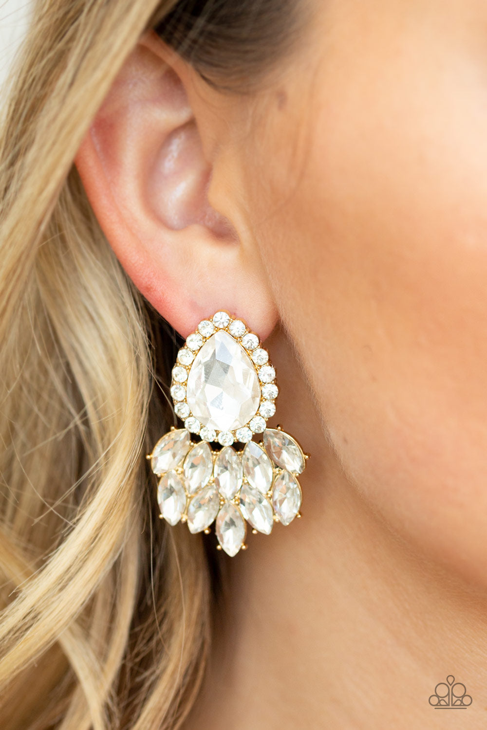 A Breath of Fresh HEIR - Gold and White Rhinestone Earrings - Paparazzi Accessories