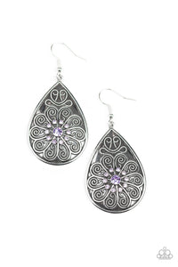 Banquet Bling - Purple Rhinestone and Silver Filigree Earrings - Paparazzi Accessories - All That Sparkles XOXO