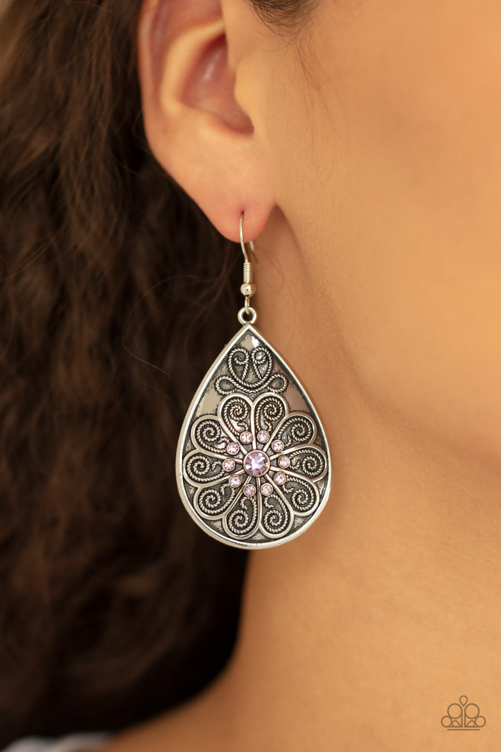 Banquet Bling - Purple Rhinestone and Silver Filigree Earrings - Paparazzi Accessories - All That Sparkles XOXO
