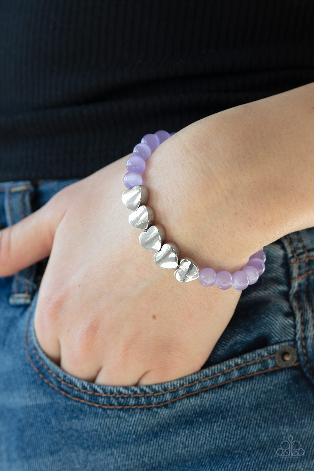 Heart-Melting Glow - Purple Cat's Eye Heart Stretchy Bracelet - Paparazzi Accessories