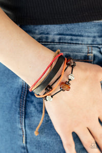 Breaking Ground - Orange, Silver, and Wood Bead Leather Urban Pull-Tie Bracelet - Paparazzi Accessories - All That Sparkles Xoxo 
