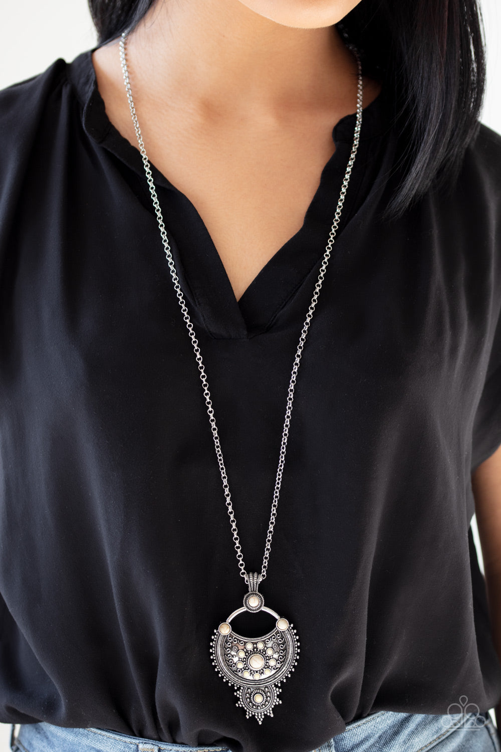 Solar Energy - White Stone and Filigree Necklace - Paparazzi Accessories