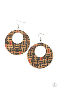 Put A Cork In It - Black and Red Basket Weave Cork Earrings - Paparazzi Accessories