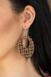 Put A Cork In It - Black and Red Basket Weave Cork Earrings - Paparazzi Accessories