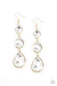 Metro Momentum - Gold and White Rhinestone Teardrop Earrings - Paparazzi Accessories
