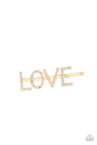 All You Need Is Love - Gold and White Rhinestone "Love" Hair Clip - Paparazzi Accessories