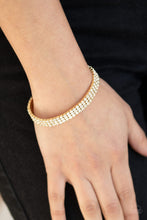 Load image into Gallery viewer, Stacked Deck - Gold and White Rhinestone Stretchy Bracelet - Paparazzi Accessories