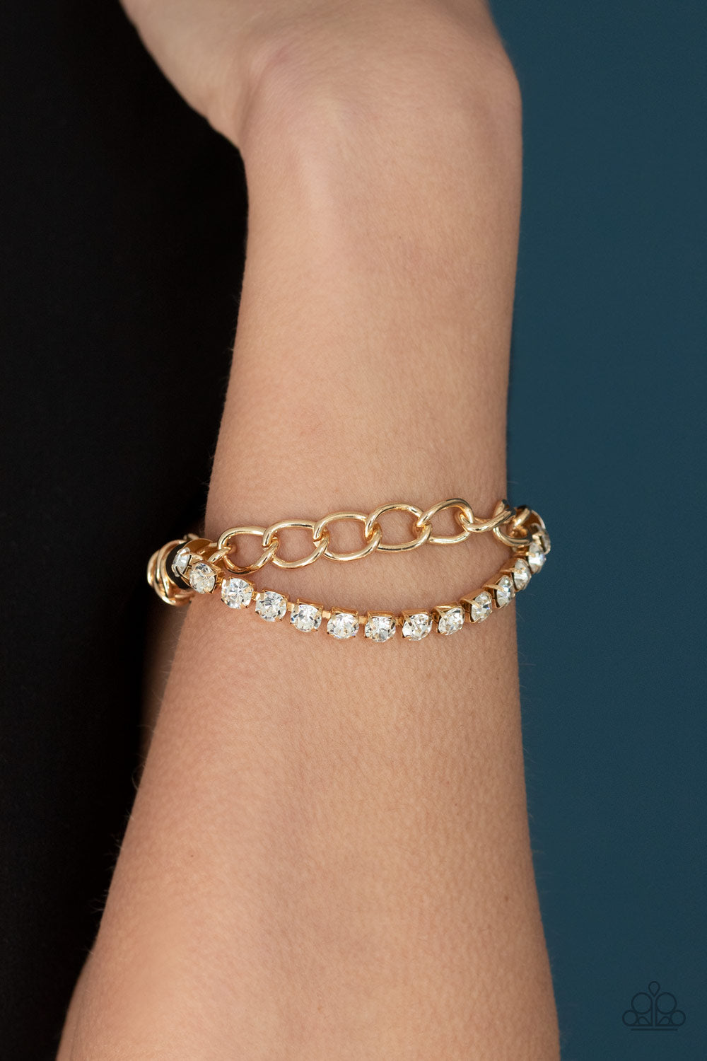 Glamour Grid - Gold Chain and Rhinestone Stretchy Bracelet - Paparazzi Accessories