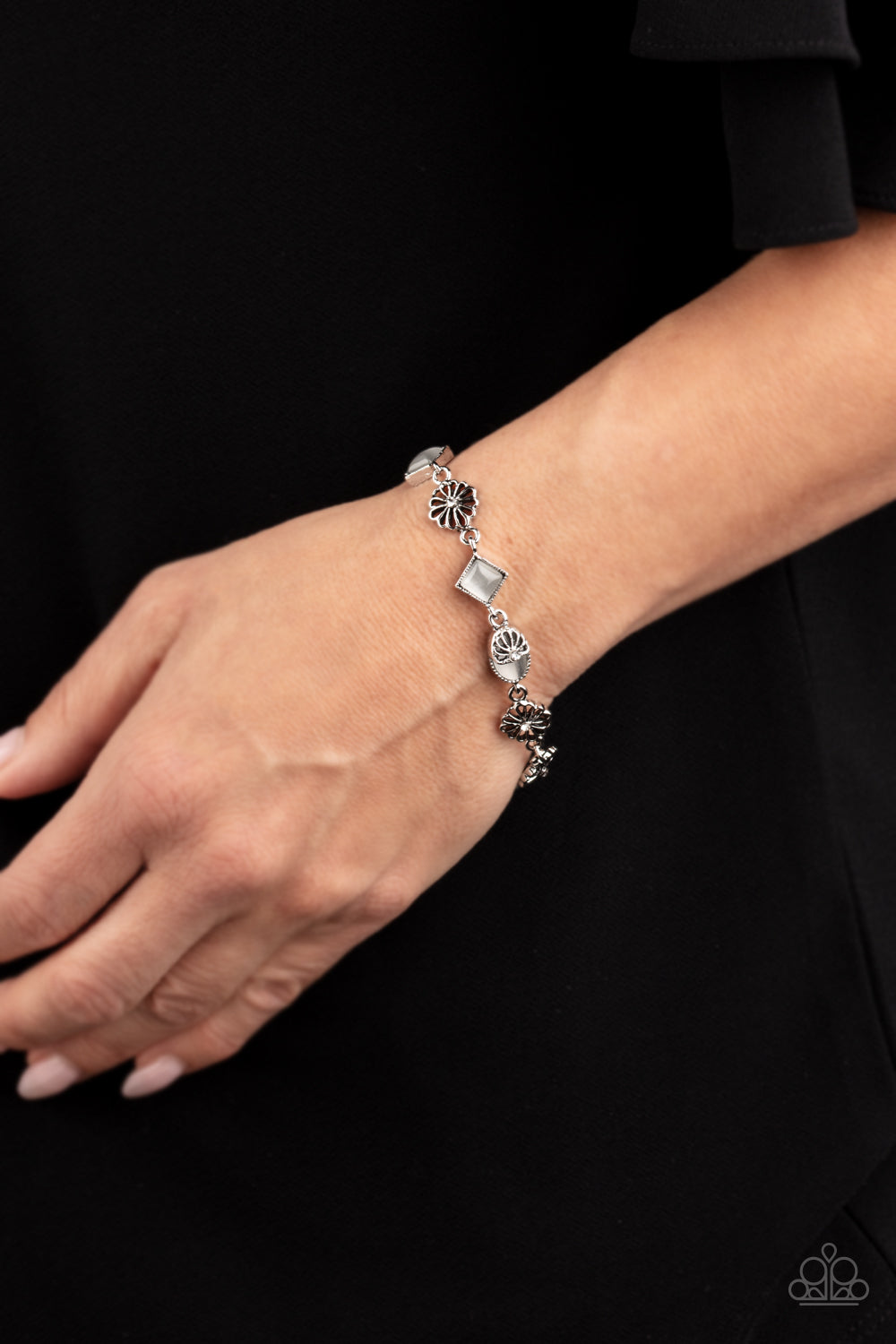 Eden Etiquette - White Cat Eye and Flower Clasp Bracelet - Paparazzi Accessories