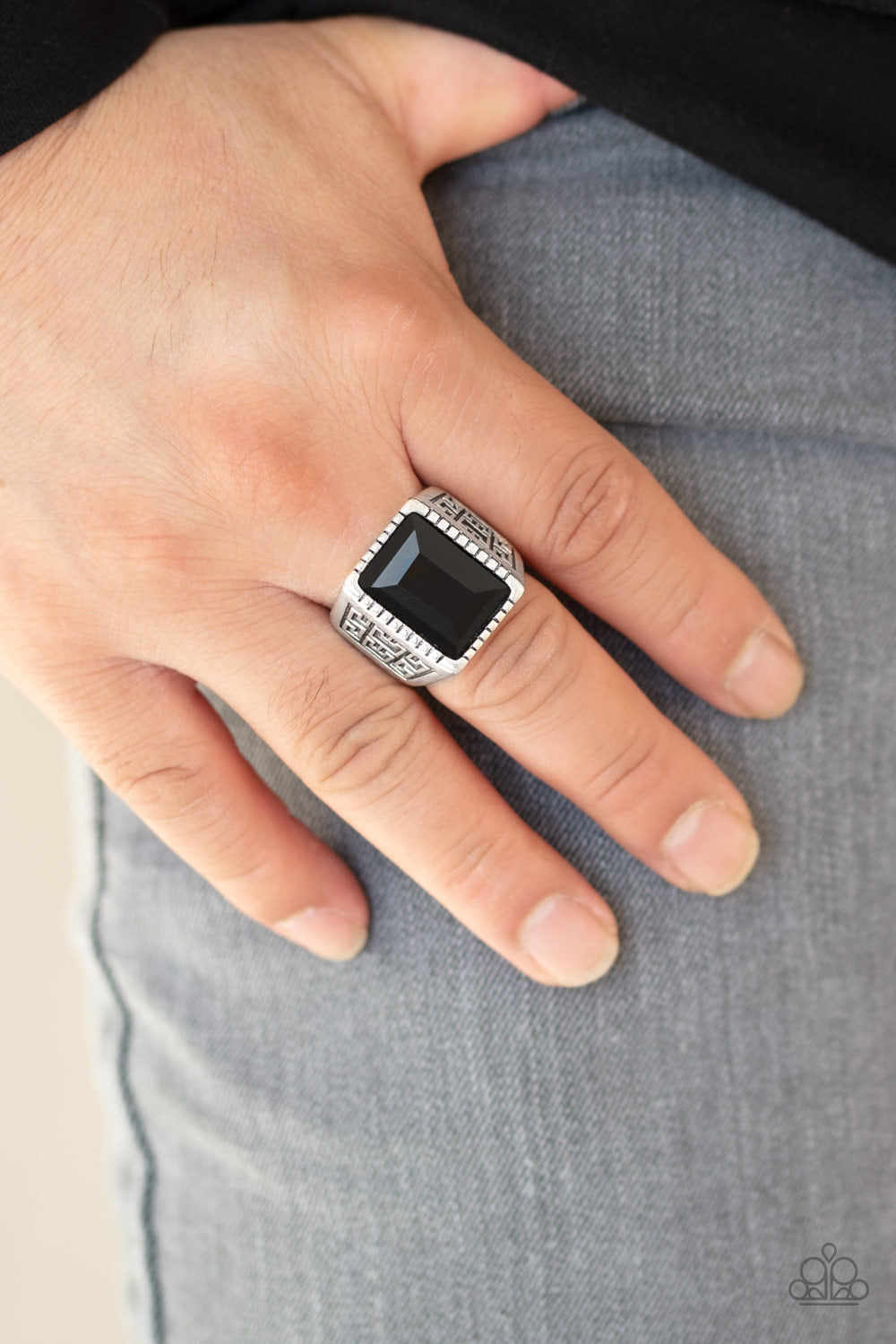 Winning Attitude - Black Gem and Filigree Men's Ring - Paparazzi Accessories