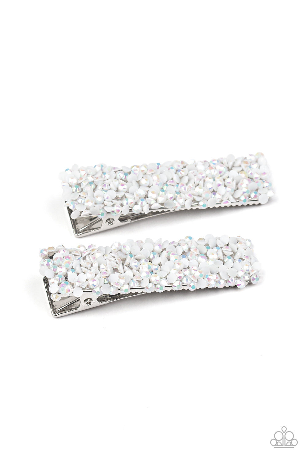 HAIR Comes Trouble - White and Iridescent Rhinestone Hair Clips - Paparazzi Accessories